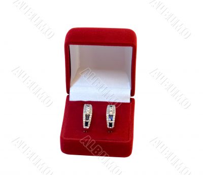 Diamond earrings with sapphire in box