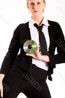 Business woman posing wioth a CD