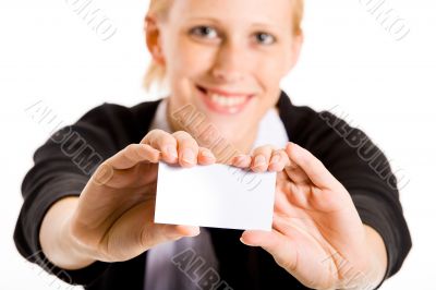 Smiling business woman with her card