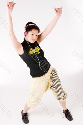 Young girl put her hands up