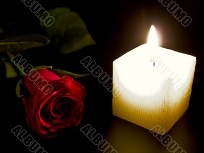 Candle and red rose