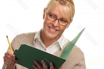 Beautiful Woman with Pencil and Folder