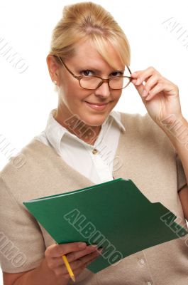Beautiful Woman with Pencil and Folder