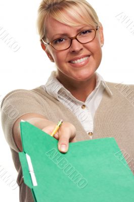 Beautiful Woman with Pencil and Folder