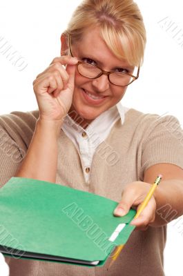 Beautiful Woman with Pencil and Folder