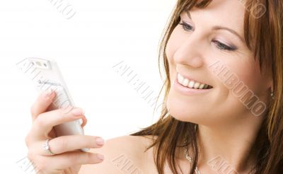 happy woman with white phone