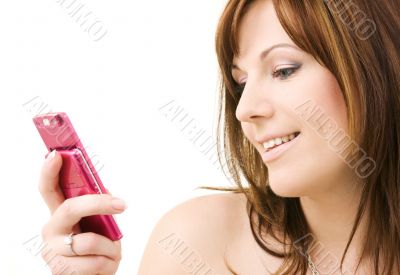 woman with pink phone