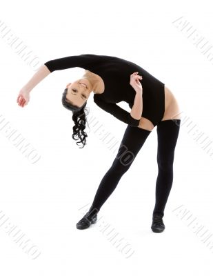 fitness instructor in black leotard