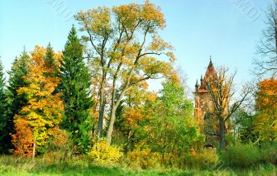 Ruined tower with autumn trees