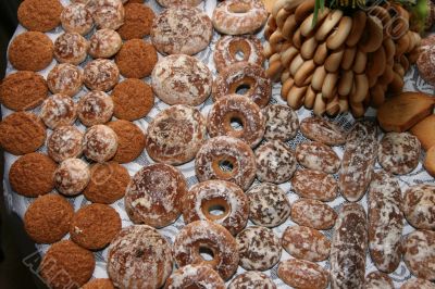 Bakery background with various sweet pastry