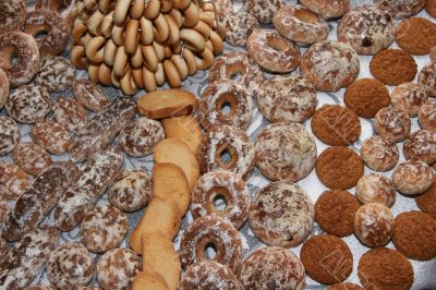 Bakery background with various sweet pastry