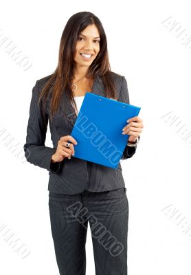 Beautiful brunette woman holding a clipboard