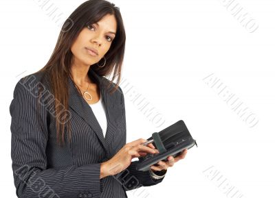 Beautiful brunette woman holding a diary