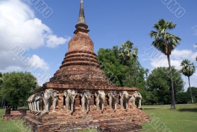 Brick pagoda and elephants