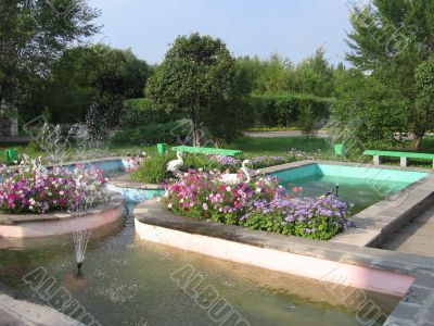 Fountains in a summer garden.