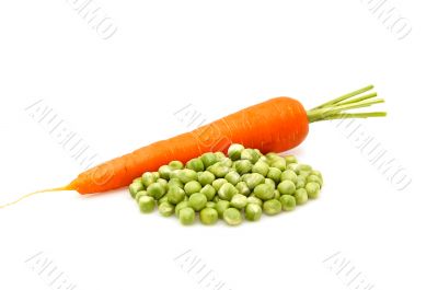 Carrot and green peas isolated on a whiteground.