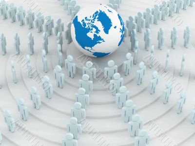 Group of people standing round globe. 3D image.