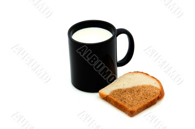 Cup of milk and bread.