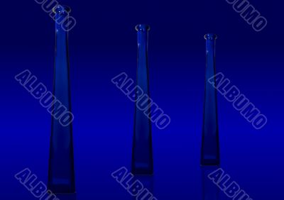 Three blue isolated bottles on blue background