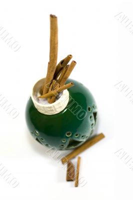 cinnamon sticks in green vase