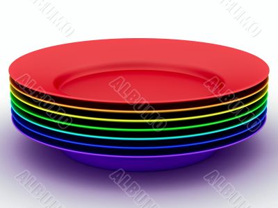 Set of plates in colours a rainbow. 3D image.