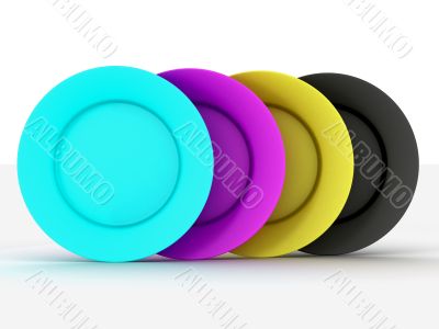 Set of plates in colours of a CMYK. 3D image.
