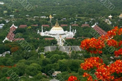 Monastery and red flowers