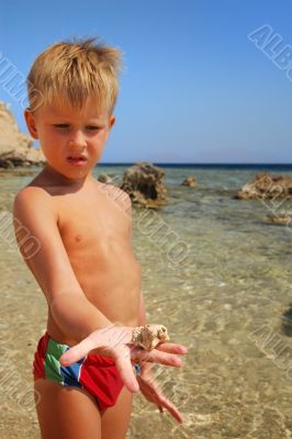  beach boy shows stone or seashell