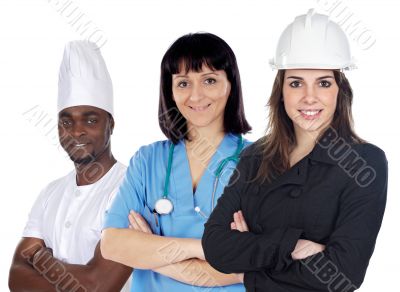 multiracial group of workers on a white background