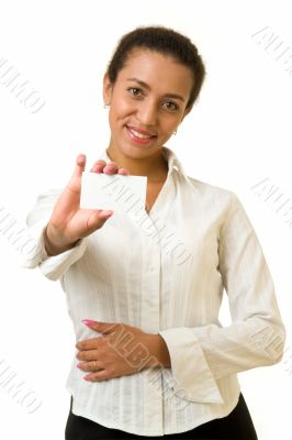 woman holds an empty business card
