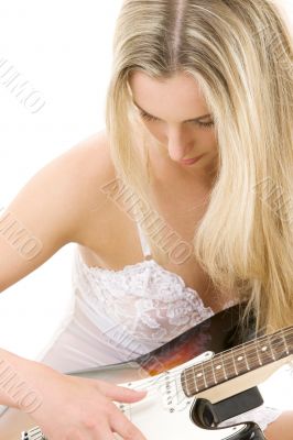guitar girl in white lingerie