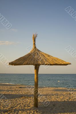 Single thatched umbrella on beach