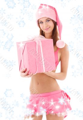 santa helper girl in pink with gift box