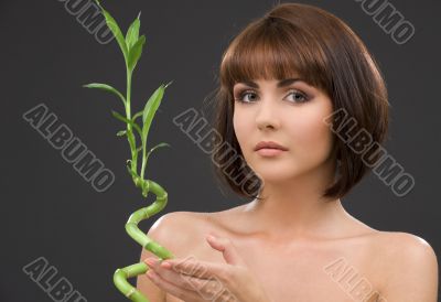 brunette with bamboo over grey