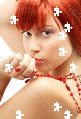 puzzle of redhead with red beads