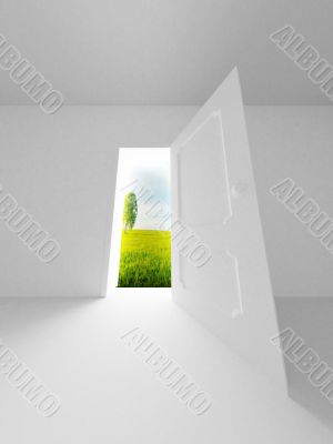 Landscape behind the open door. 3D image