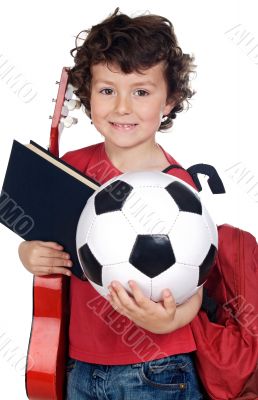 Child with ball, book and guitar