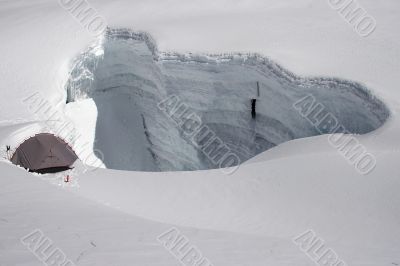 Tent near crevasse edge