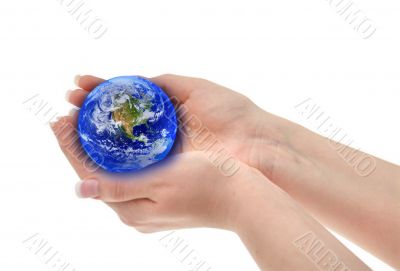 joined female hands holding globe