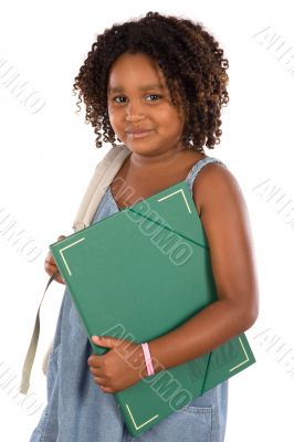 African girl student with folder and backpack