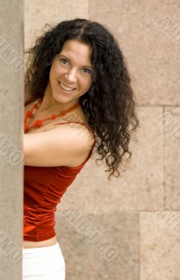 brunette near column