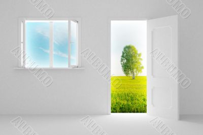 Landscape behind the open door and window. 3D image