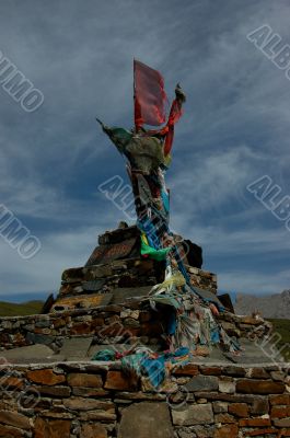 Buddhist Obo with red flag