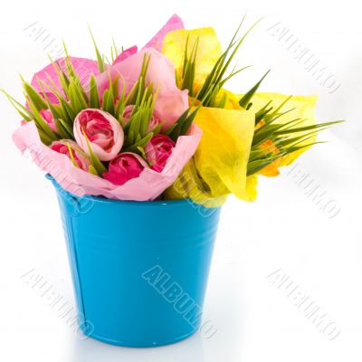 colorful bucket with flowers