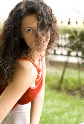 beautiful brunet woman in red
