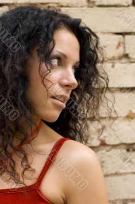 brunette on brick wall background