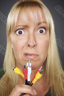 Confused Woman Holding Electronic Cables
