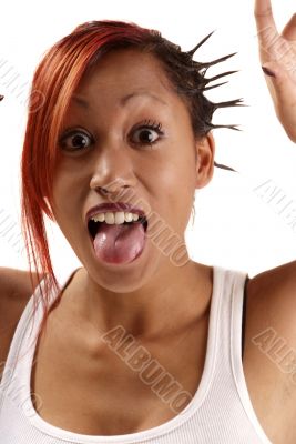 woman shows tongue