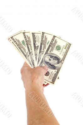 dollar in hand on white