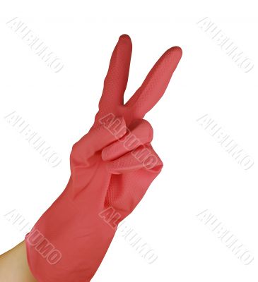  womanish hand is in a pink glove